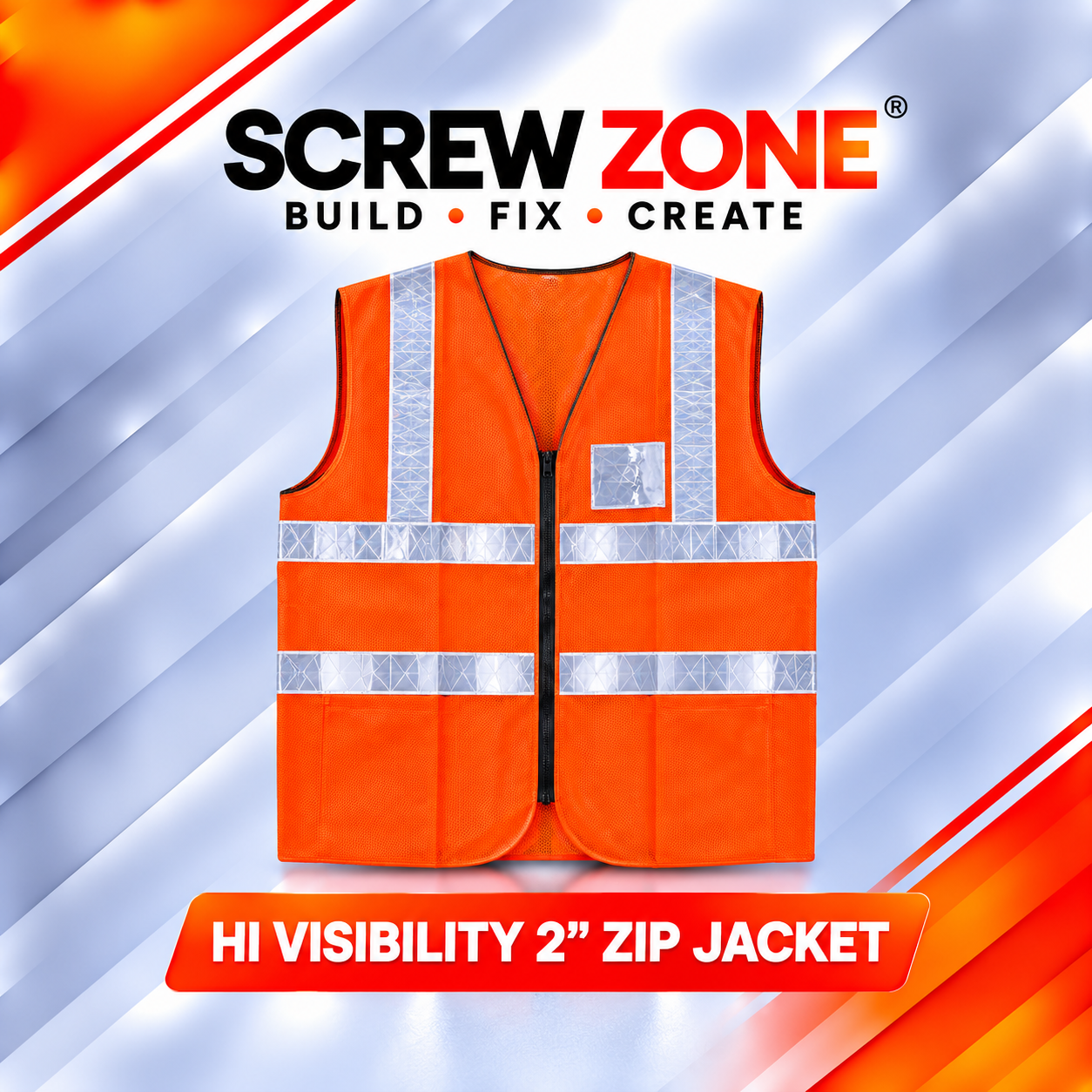Hi Visibility 2 Inch Reflective Safety Jacket with Zip | High Visibility Zip Vest (Red)