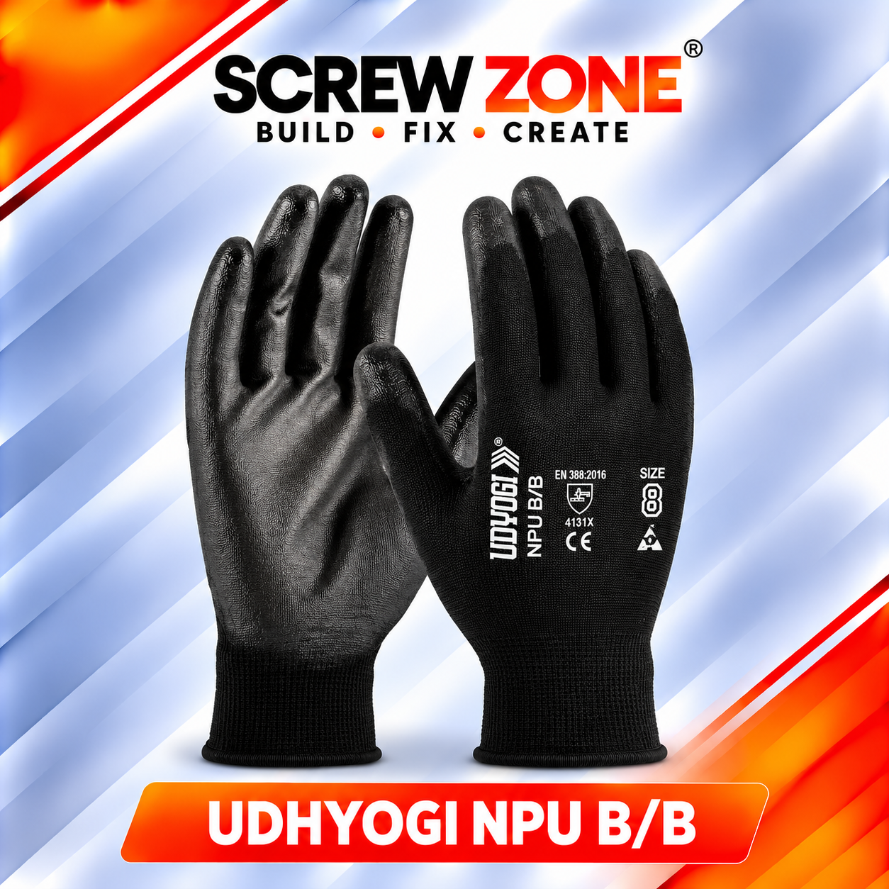 UDYOGI NPU-B PU Coated Safety Gloves | Black Industrial Hand Gloves EN 388:2016 4131X