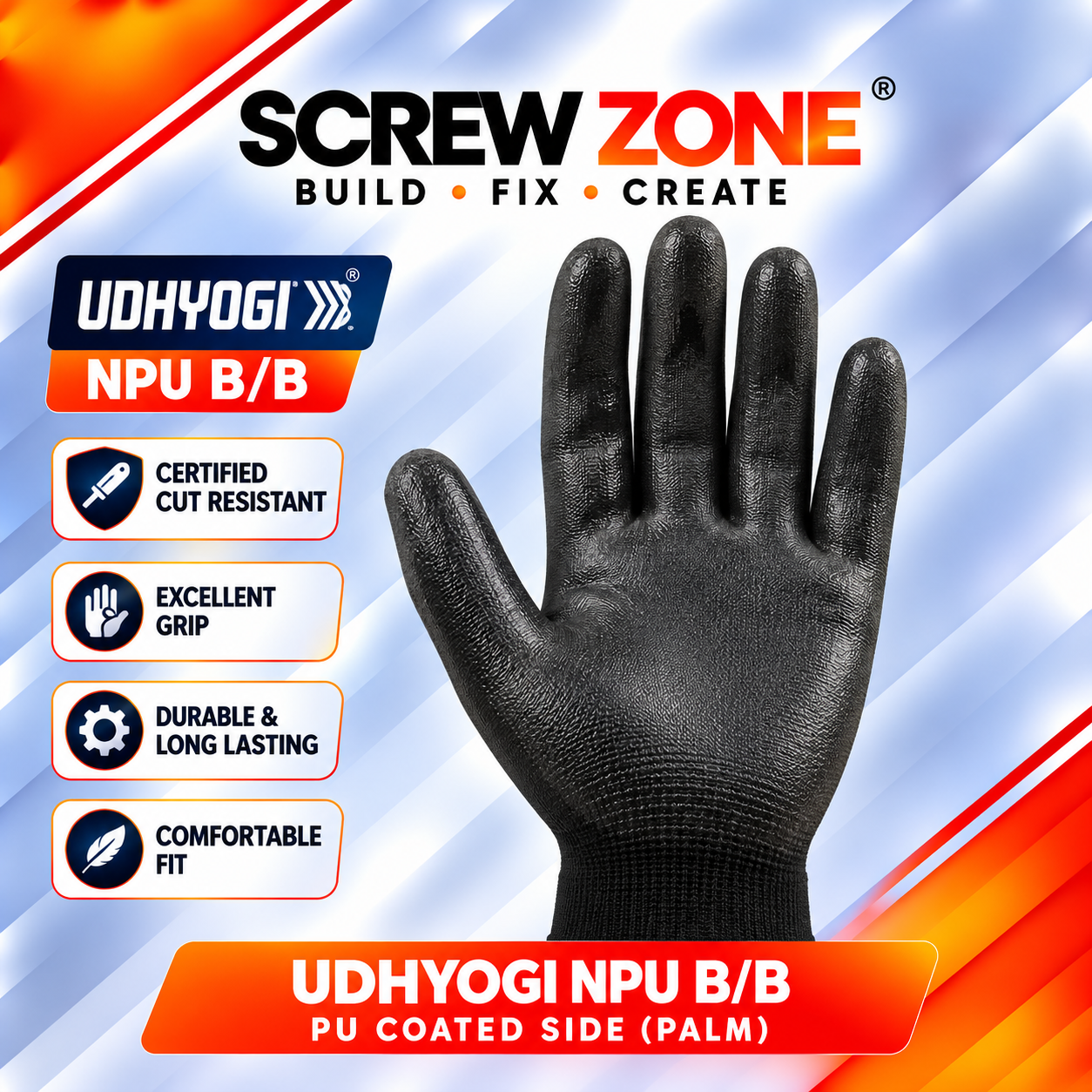 UDYOGI NPU-B PU Coated Safety Gloves | Black Industrial Hand Gloves EN 388:2016 4131X