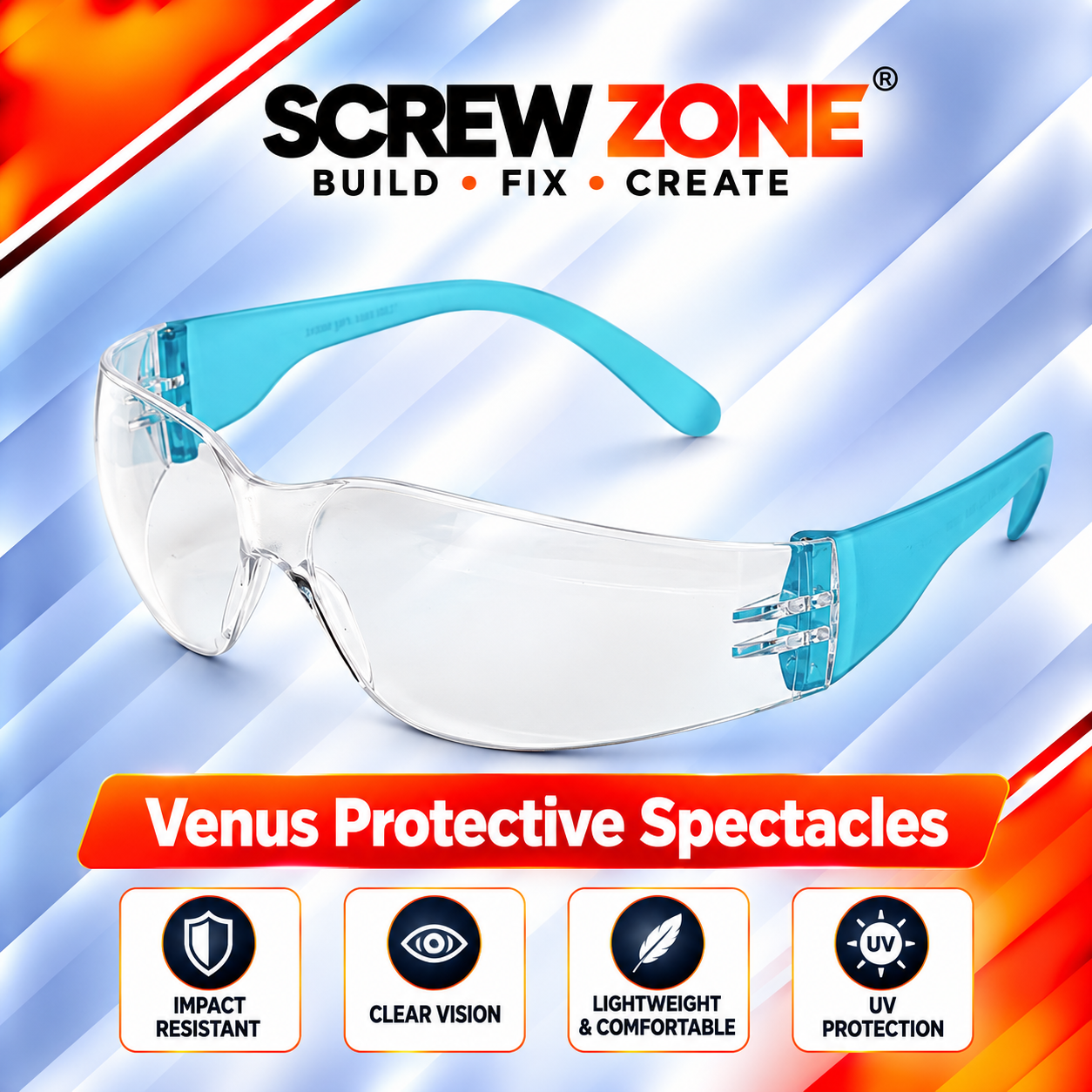 Venus E-102 Protective Spectacles Clear Lens | CHC Blue Temple Safety Glasses